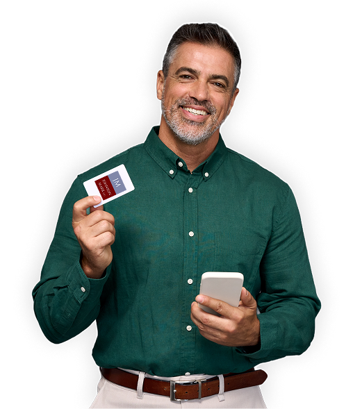 A man showing a card with JML Logo